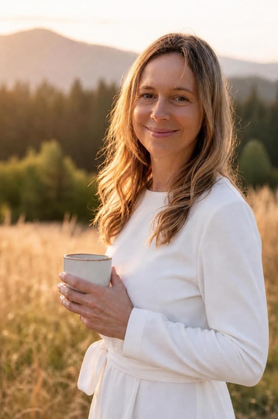 Ivana Černíková stojí na louce s hrnkem v ruce
